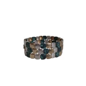 Gold & Silver Toned Patina Green Mosaic Metal Squares Stretchy Elastic Bracelet